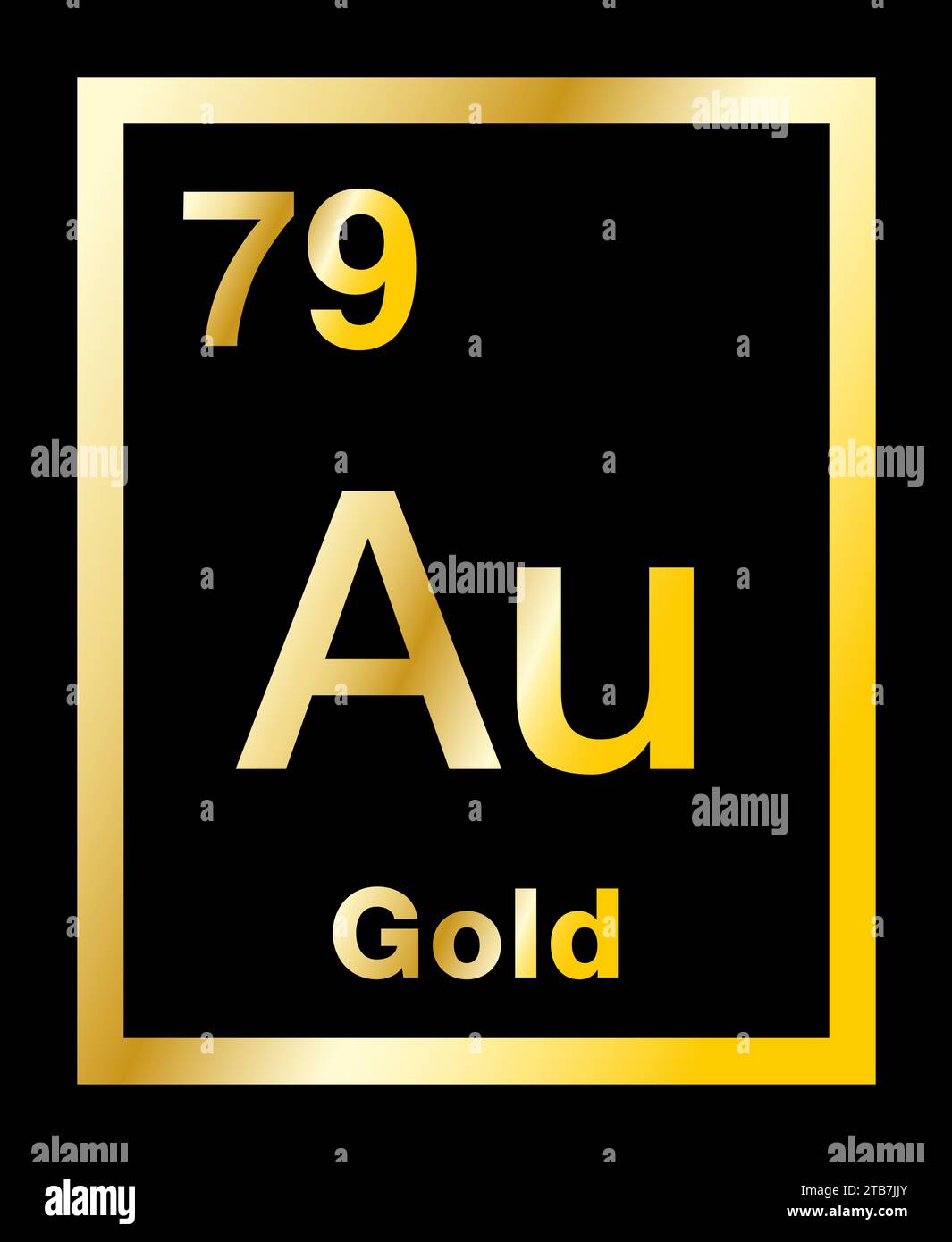 Gold, chemisches Element, aus dem Periodensystem entnommen, mit Gradienten und auf schwarzem Hintergrund. Edles und edles Metall mit chemischem Symbol Au. Stockfoto