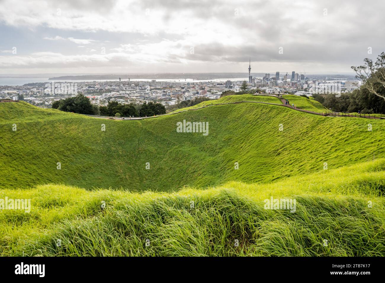 Die Skyline von Auckland blickt vom Gipfel des Mount Eden-Kraters, Neuseeland. Stockfoto