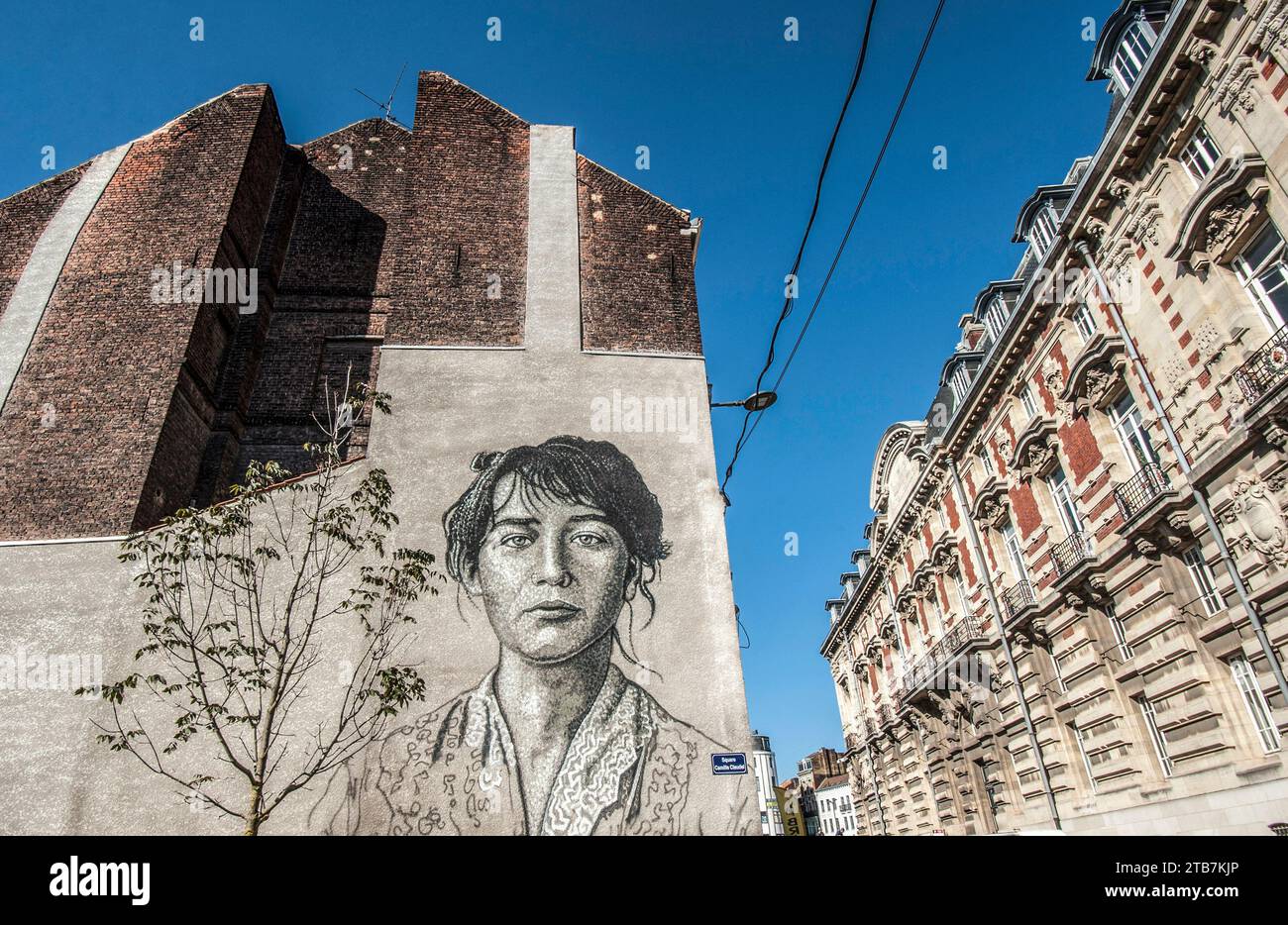 Roubaix (Nordfrankreich): Wandgemälde mit dem Porträt des Bildhauers Camille Claudel vom australischen Straßenkünstler Jimmy C im „Square Camille Claudel“ Stockfoto
