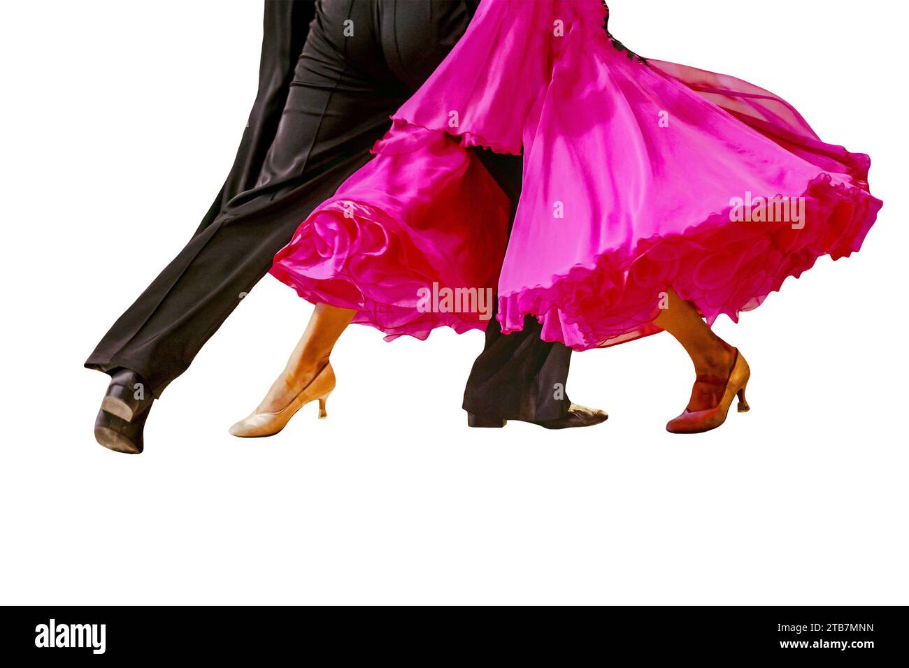 Nahaufnahme Teil rosa Ballkleid und Mann schwarzer Schwanz Anzug auf Tanzboden isoliert auf weißem Hintergrund Stockfoto