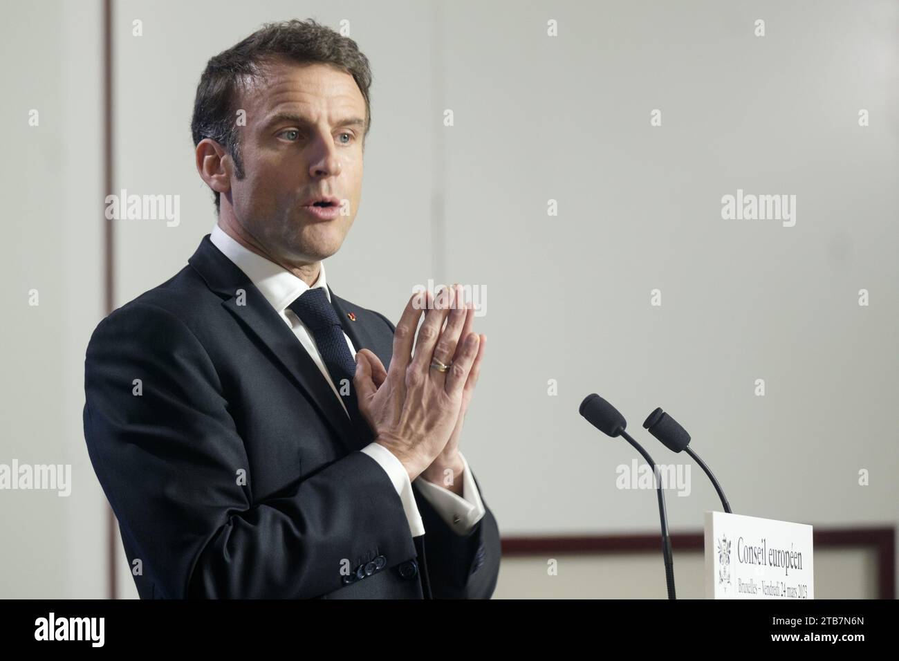 Belgien, Brüssel, 24. März 2023: Französischer Präsident Emmanuel Macron, beim Gipfeltreffen der Staats- und Regierungschefs der EU (Euro Stockfoto