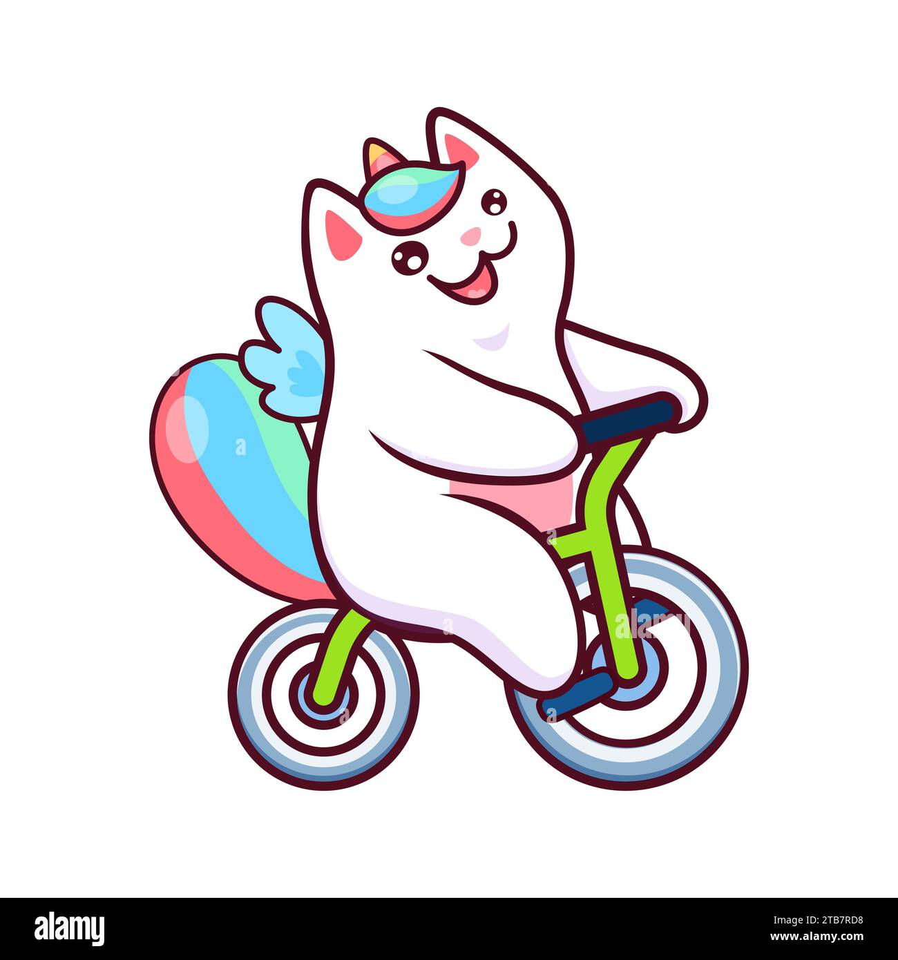 Cartoon Kawaii-Katicorn-Katze und Kätzchen-Haustier-Charakter, der mit Freude Fahrrad radelt und Niedlichkeit verbreitet. Isolierte Vektor-Magie Einhornkätzchen, Fantasy-Tier-Persönlichkeit, die Fahrrad mit glücklichem Gesicht reitet Stock Vektor