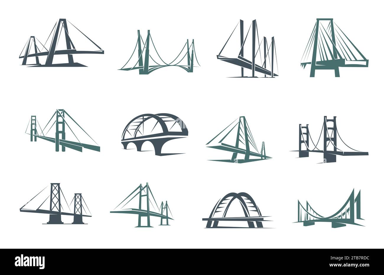 Brückensymbole, Bau-, Gebäude- und Architekturvektorsymbole. Schilder von Unternehmen und Technologieunternehmen mit Brücken oder Tortürmen mit Bögen, Verbindungen und Verkehrssymbolen Stock Vektor