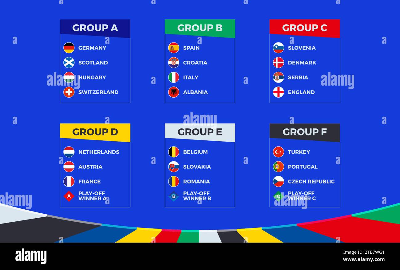 Fahnen des europäischen Fußballturniers 2024 sortiert nach Gruppen auf blauem Hintergrund. Vektorabbildung. Stock Vektor