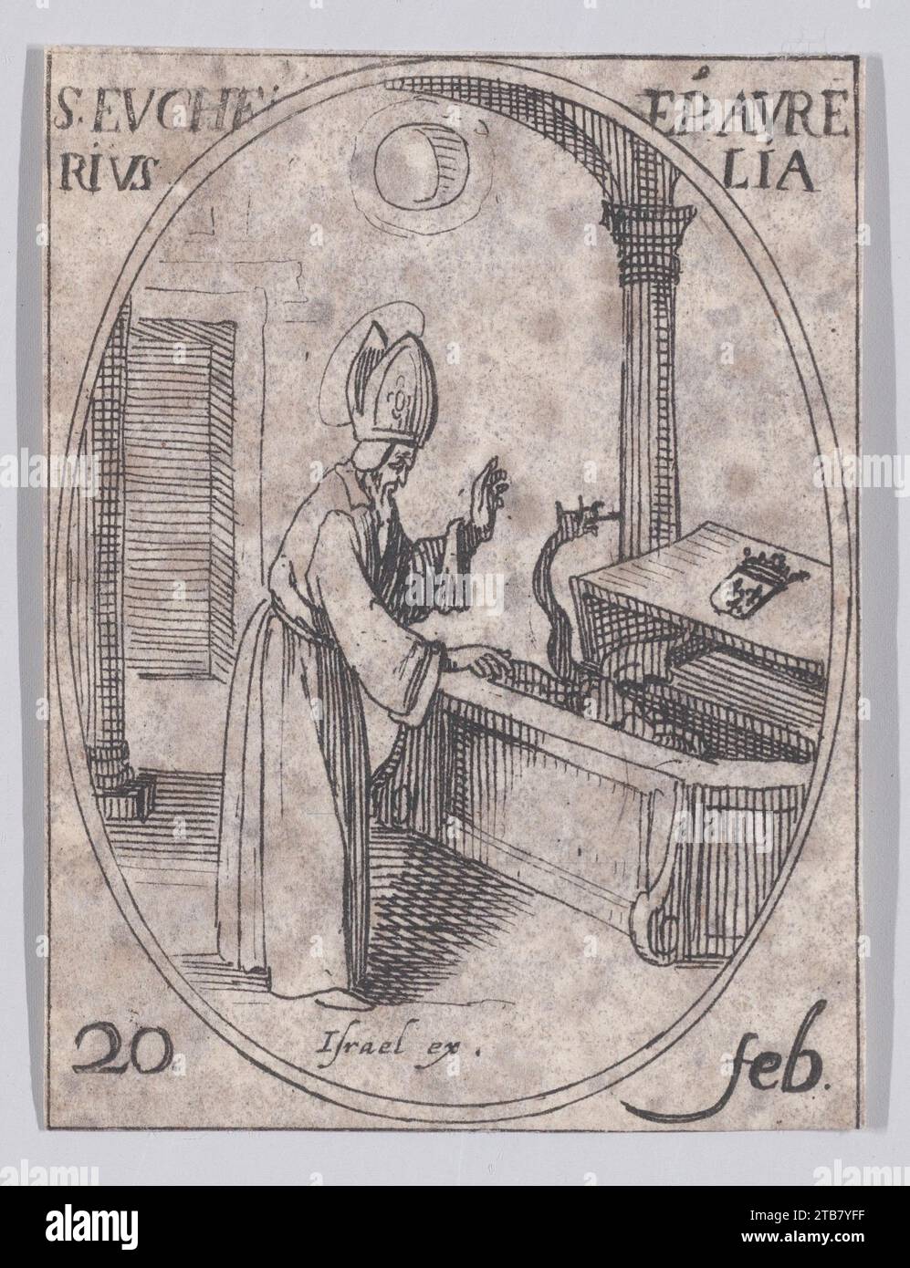 S. Eucher, eveque d'Orleans (St. Eucherius, Bischof von Orleans), 20. Februar, aus „Les Images de Tous Les Saincts et Saintes de L'Annee“ (Bilder aller Heiligen und religiöse Ereignisse des Jahres) 1917 von Jacques Callot Stockfoto