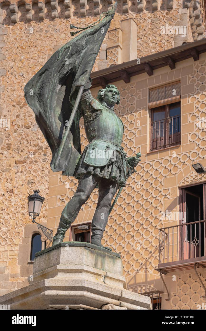 Spanien, Kastilien, Segovia, Statue von Juan Bravo, einem Anführer der Rebellenkomuneros in der kastilischen Revolte der Comuneros 1520. Stockfoto