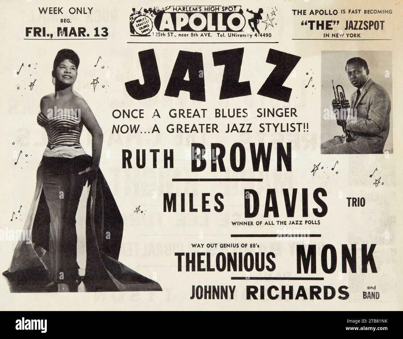 Vintage Jazz Poster - Miles Davis - Thelonious Monk - Ruth Brown 1959 Apollo Theater Concert Handbill - Flyer Stockfoto