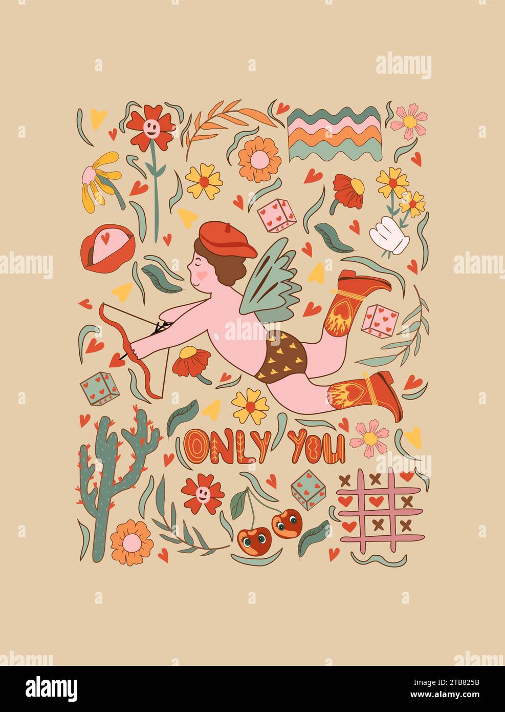 Retro-Valentinstag. Mit romantischen Cartoon-Elementen und Hippie-Charakteren. Enthält einen Vintage-Comic-Stil, Blumen, Gänseblümchen. Ideal für Grußkarten Aufkleber, Cover und T-Shirt-Prints Stock Vektor
