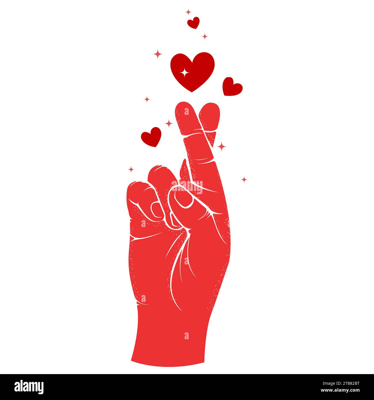 Gedrückte Daumen Hand Geste und Herzen, Valentinstag Hoffnung Zeichen, gefälschtes Versprechen und Glückssymbol, Vektor Stock Vektor