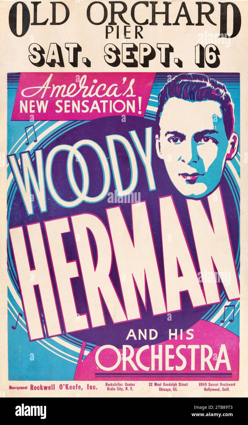 Vintage Jazz Poster - Woody Herman 1939 Old Orchard Beach, Maine Konzert Poster Stockfoto