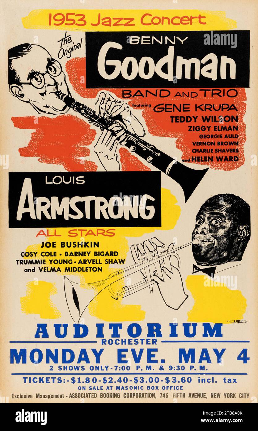 Louis Armstrong, Benny Goodman 1953 Rochester, New York - Poster Für Jazzkonzerte Stockfoto