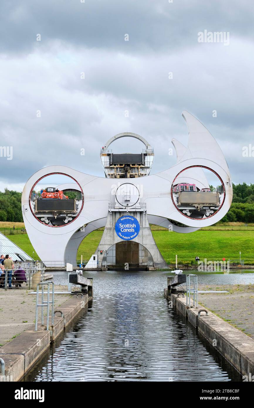 Das Falkirk Wheel, ein rotierender Bootslift in Zentral-Schottland, verbindet den Forth und Clyde Canal mit dem Union Canal Stockfoto