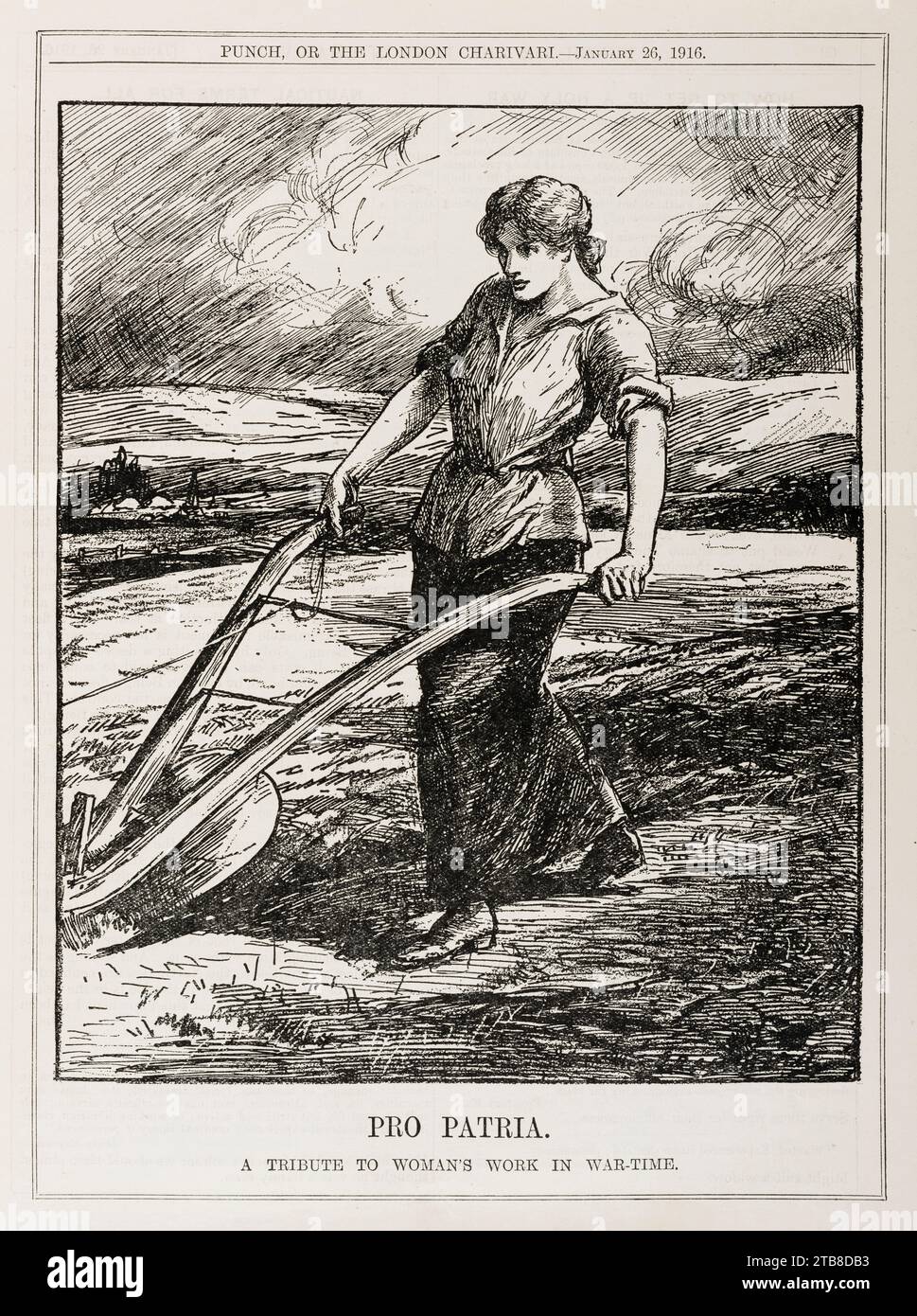 Ein Cartoon aus dem Jahr 1916 des Magazins Punch, der als Hommage an die Tausenden von Frauen gedacht war, die während des Ersten Weltkriegs in Frankreich zum Kampf aufgerufen wurden Stockfoto