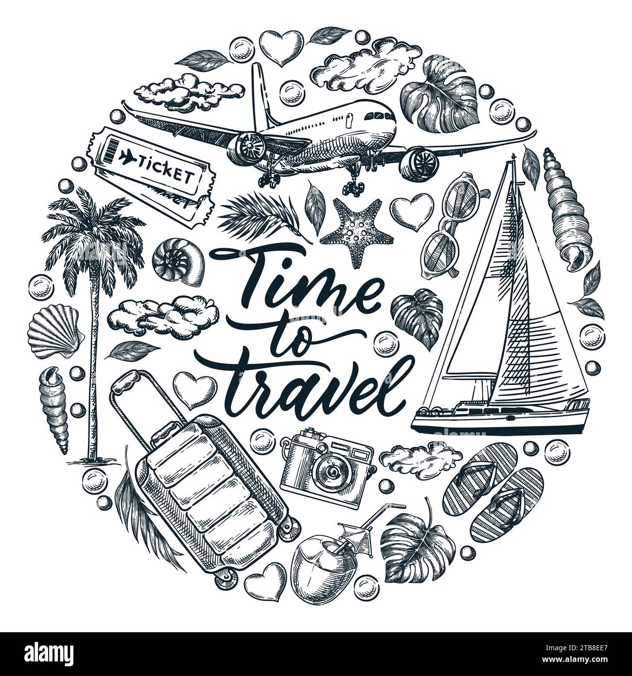 Zeit für Reisen Kalligrafie-Schriftenplakate, -Banner oder -Kreisetiketten-Designvorlage. Illustration der Vektorkritzelskizze. Sommerferienkonzept. Reise Stock Vektor