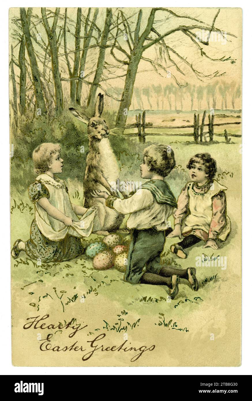 Originale charmante Postkarte aus der edwardianischen Ära mit Ostergrüßen. Ein großer magischer Hase liefert Ostereier an flehende Kinder, ein kleines Mädchen hält ihre Schürze für mehr Eier aus. Nachricht ist „herzhafte Ostergrüße“ Postkarte vom 30. März 1907 aus Iowa, USA Stockfoto
