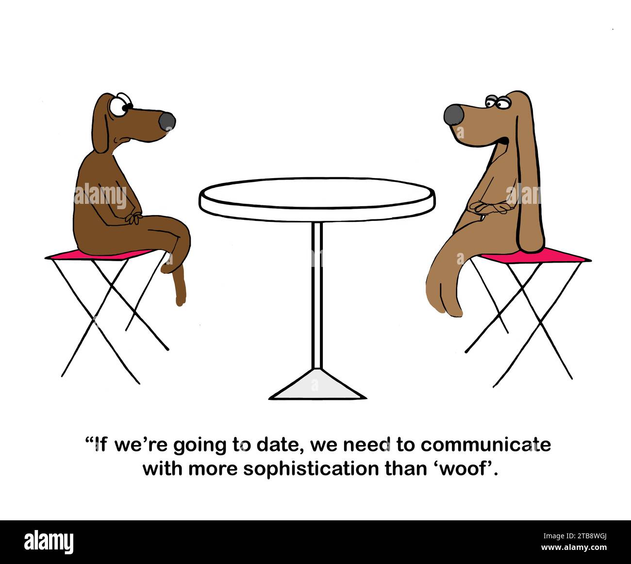 Farb-Cartoon von zwei Hunden, die zusammen sind, die weiblichen sagen, sie brauchen mehr Kommunikation als "Wuff". Stockfoto