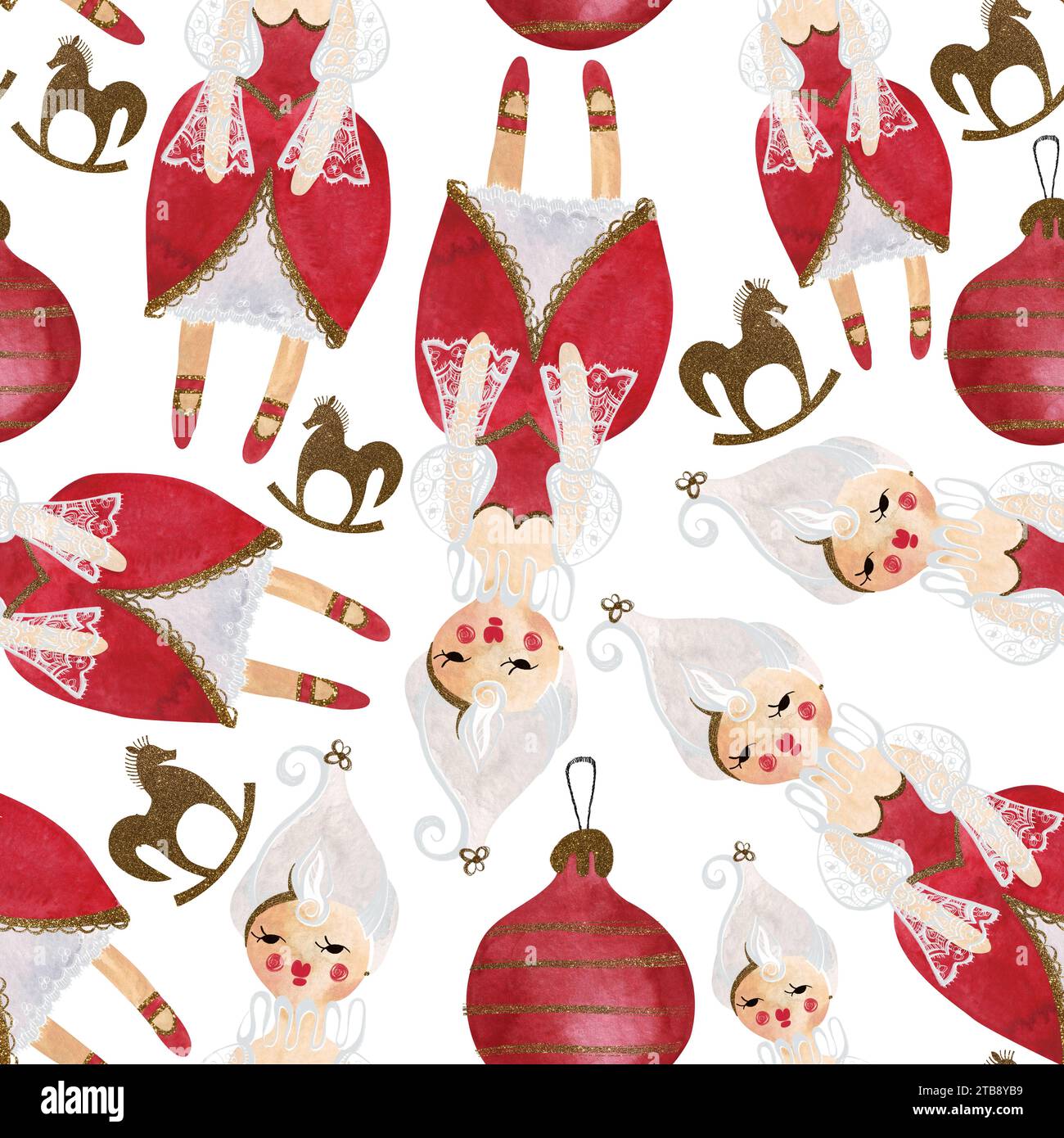 Puppen und Goldsterne. Nahtloses Aquarellmuster für Neujahr- und Weihnachtspapier. Geschenke im Vintage-Stil für Kinder unter dem Weihnachtsbaum Stockfoto