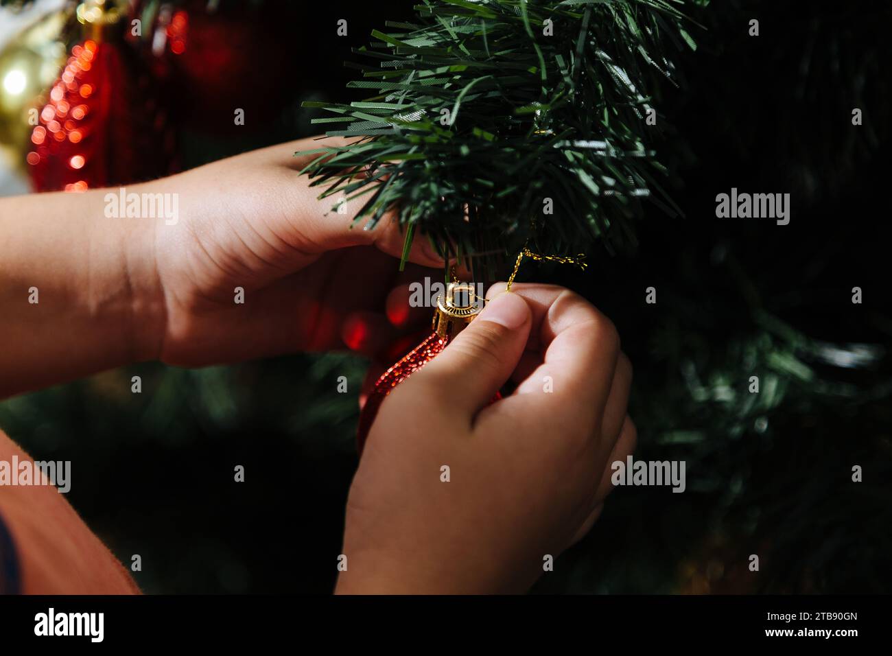 Der Junge, der den weihnachtsbaum in seinem Haus vor der Weihnachtsfeier zusammenstellt. Nahaufnahme der Hände. Stockfoto