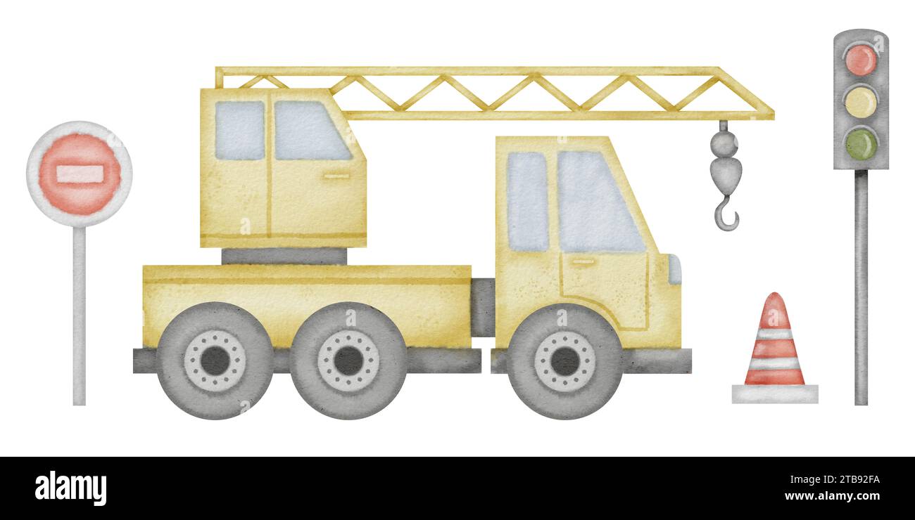 Illustration mit Wasserfarben für Lkw-Krane. Set mit Babyspielzeug. Handgezeichneter Clip-Art von Straßenschild und Ampel auf isoliertem Hintergrund. Autokrane und Wegweiserzeichnung für Aufkleber und Ausdrucke. Stockfoto