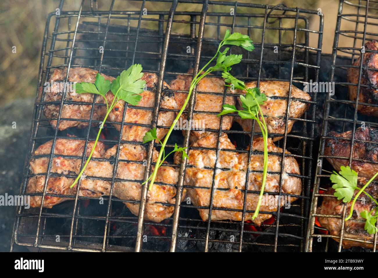 Grillen Sie das Rost mit Rinderfleisch auf einem Brazier mit brennender Holzkohle. Grillparty im Freien Stockfoto