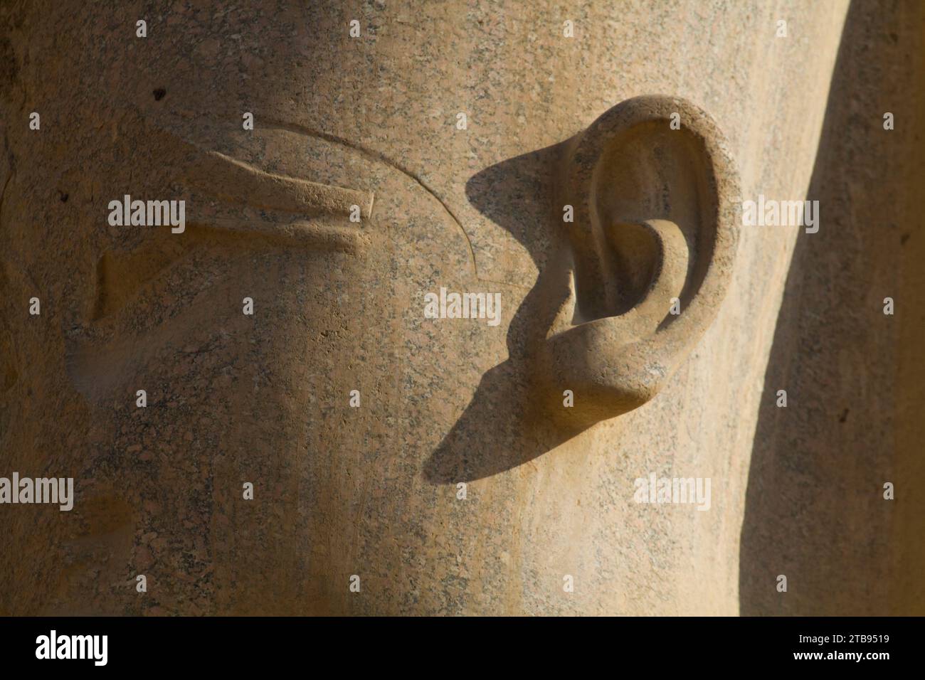 Teil eines geschnitzten Kopfes im Tempel von Karnak; Karnak, Ägypten Stockfoto