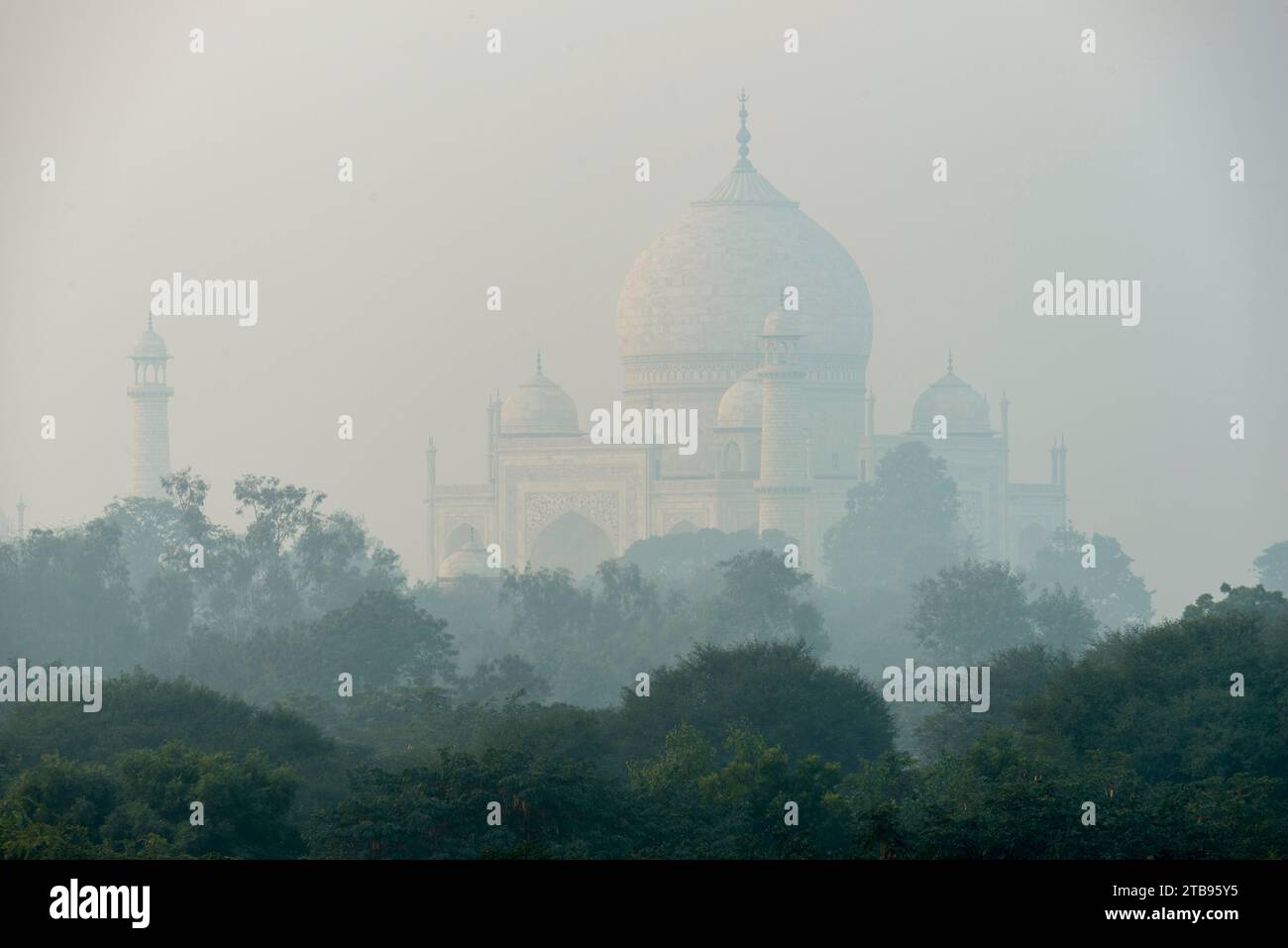 Taj Mahal an einem nebeligen Tag; Agra, Indien Stockfoto