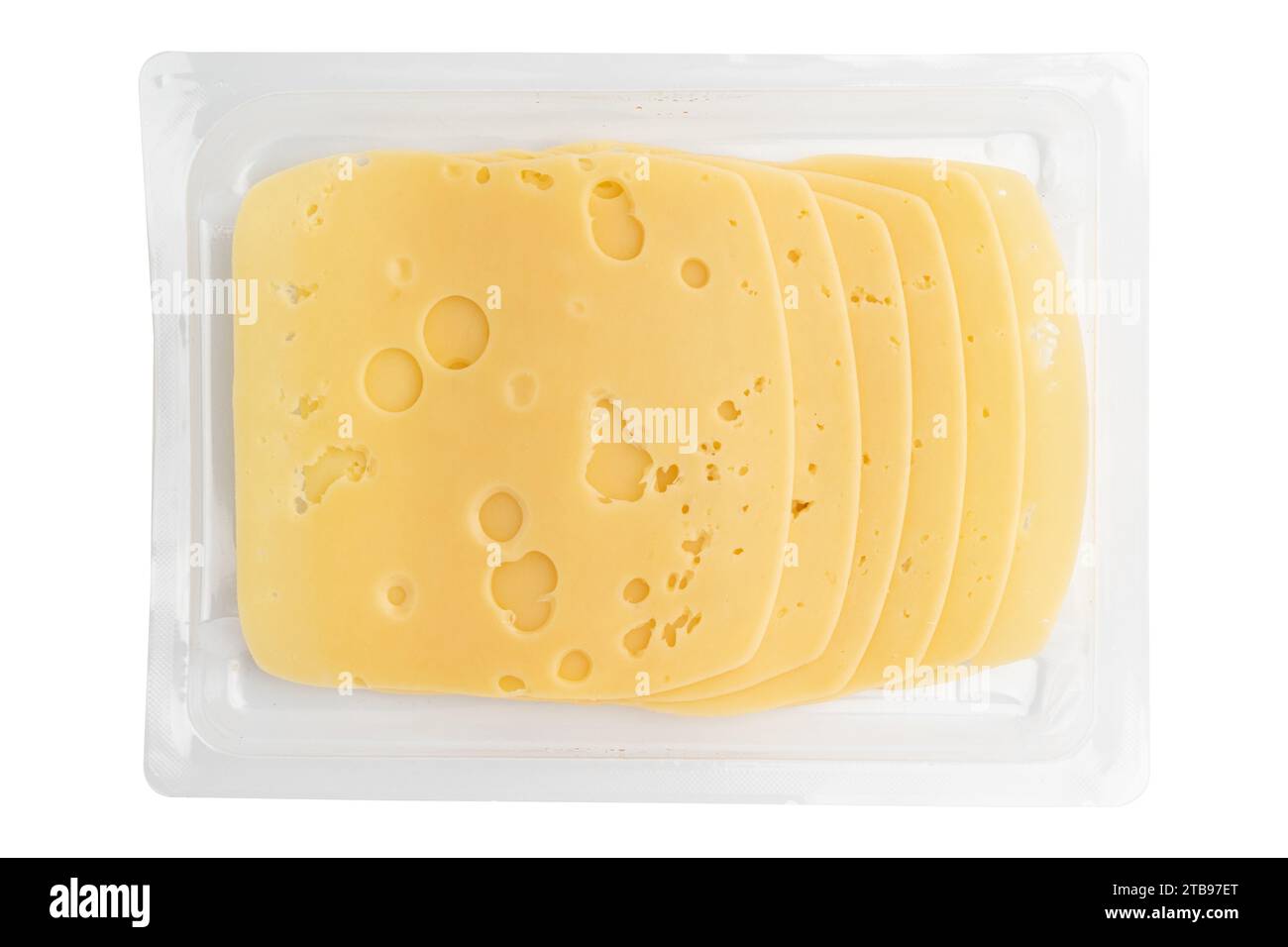 Käsescheiben isoliert auf weißem Hintergrund, in Scheiben geschnittener Käse in Plastikverpackung, Stücke geschnittenen Gouda-Käses für Layout Stockfoto