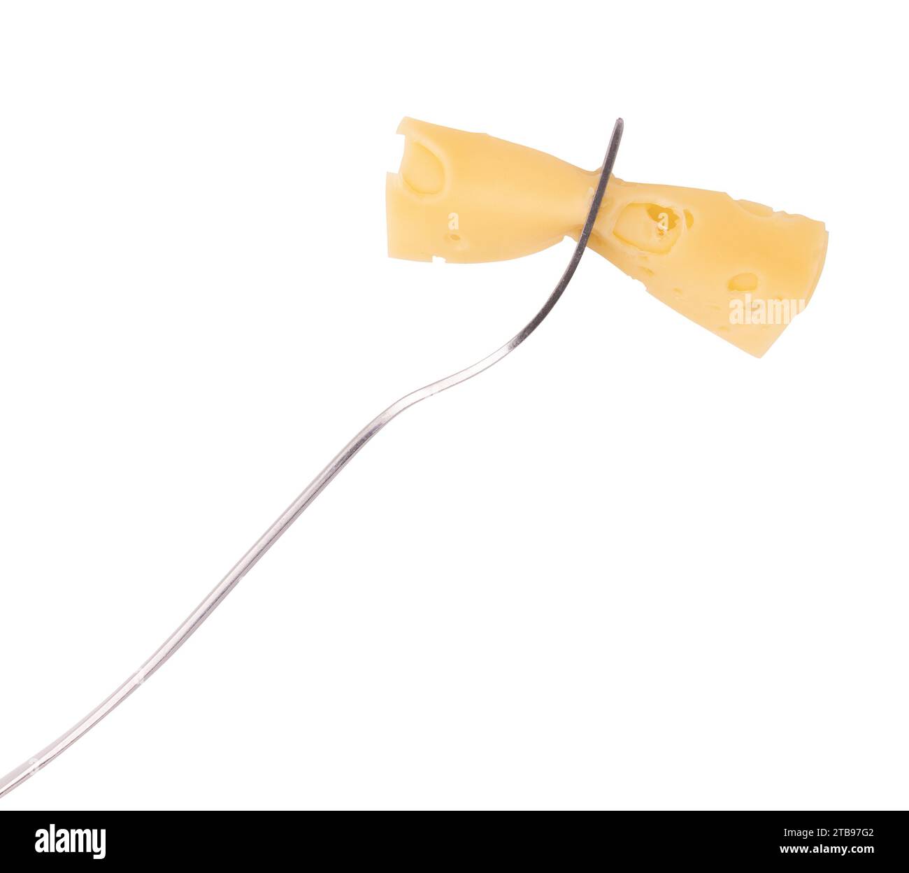 Gabel mit Scheiben Käse isoliert auf weißem Hintergrund, Stück appetitlichen Käse, leckere Fleischsnacks Stockfoto