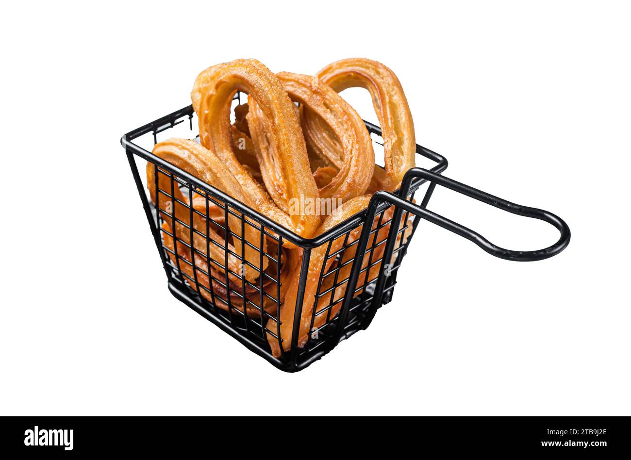 Traditionelles spanisches Dessert-Churros mit Zucker und Schokolade. Isolierter, weißer Hintergrund Stockfoto