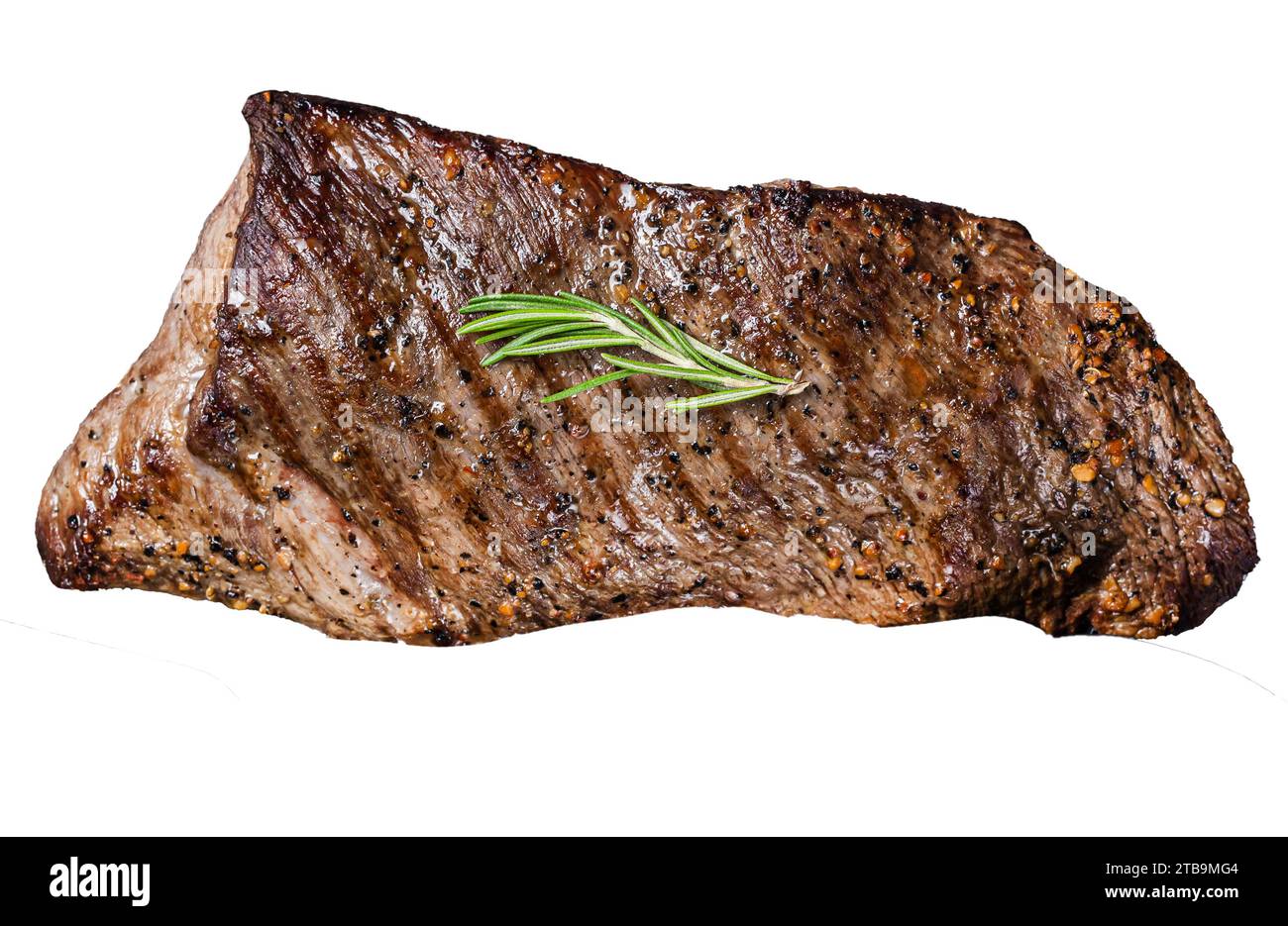 Gegrilltes Tri-Tip-Rindersteak auf einem Grill. Isolierter, weißer Hintergrund. Stockfoto