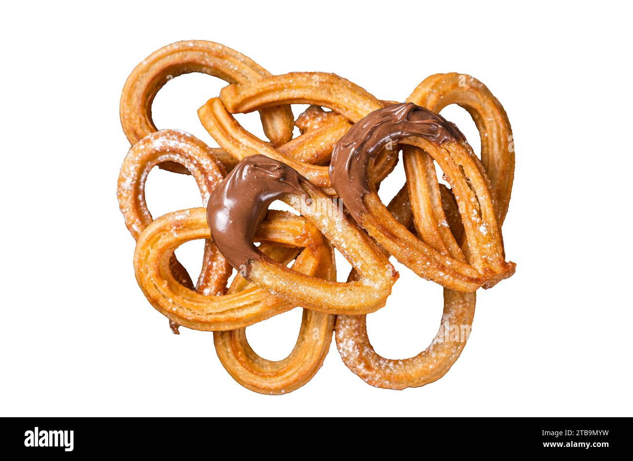 Traditionelles mexikanisches Dessert-Churros mit Schokoladensauce. Isolierter, weißer Hintergrund Stockfoto