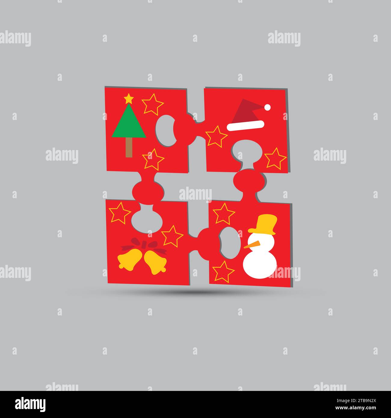 Rotes Puzzle mit Weihnachtssymbolen wie: Weihnachtsbaum, Stern, Schneemann, Glocken, Weihnachtsmütze Stock Vektor