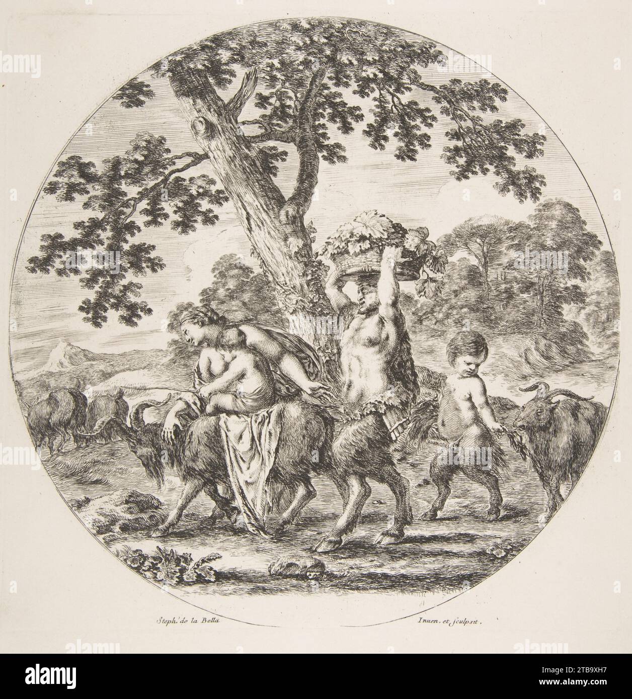 Satyr Familie nach links mit zwei Ziegen und einem Korb mit Trauben 1986 von Stefano della Bella Stockfoto