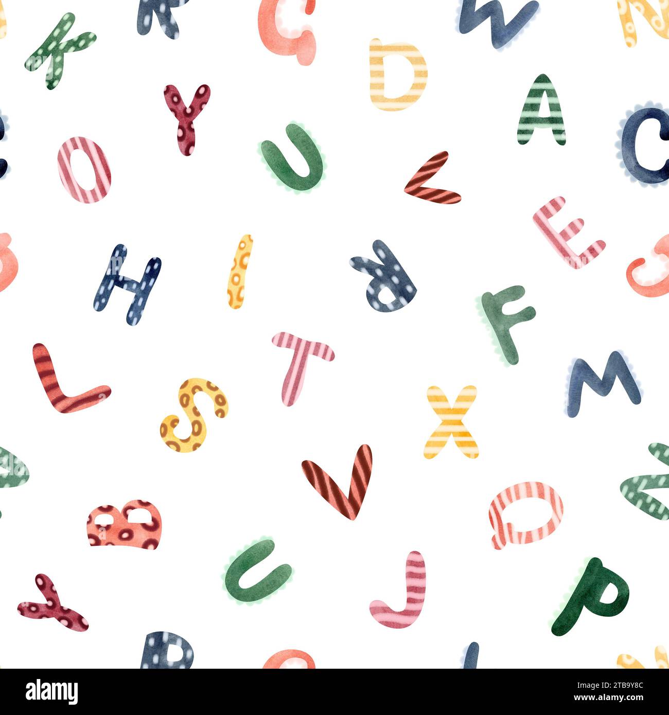 Alphabethintergrund. Aquarellzeichnung von farbigen Buchstaben auf weiß. Kinderschuldekoration. Zeichentrickschriftart im Dschungel. Verpackungs- und Stoffdesign. Stockfoto