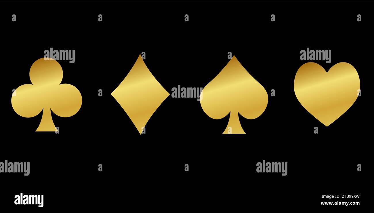 goldener, strukturierter Pokerspaten, Herz, Schläger, Diamant auf schwarzem Hintergrund Stock Vektor