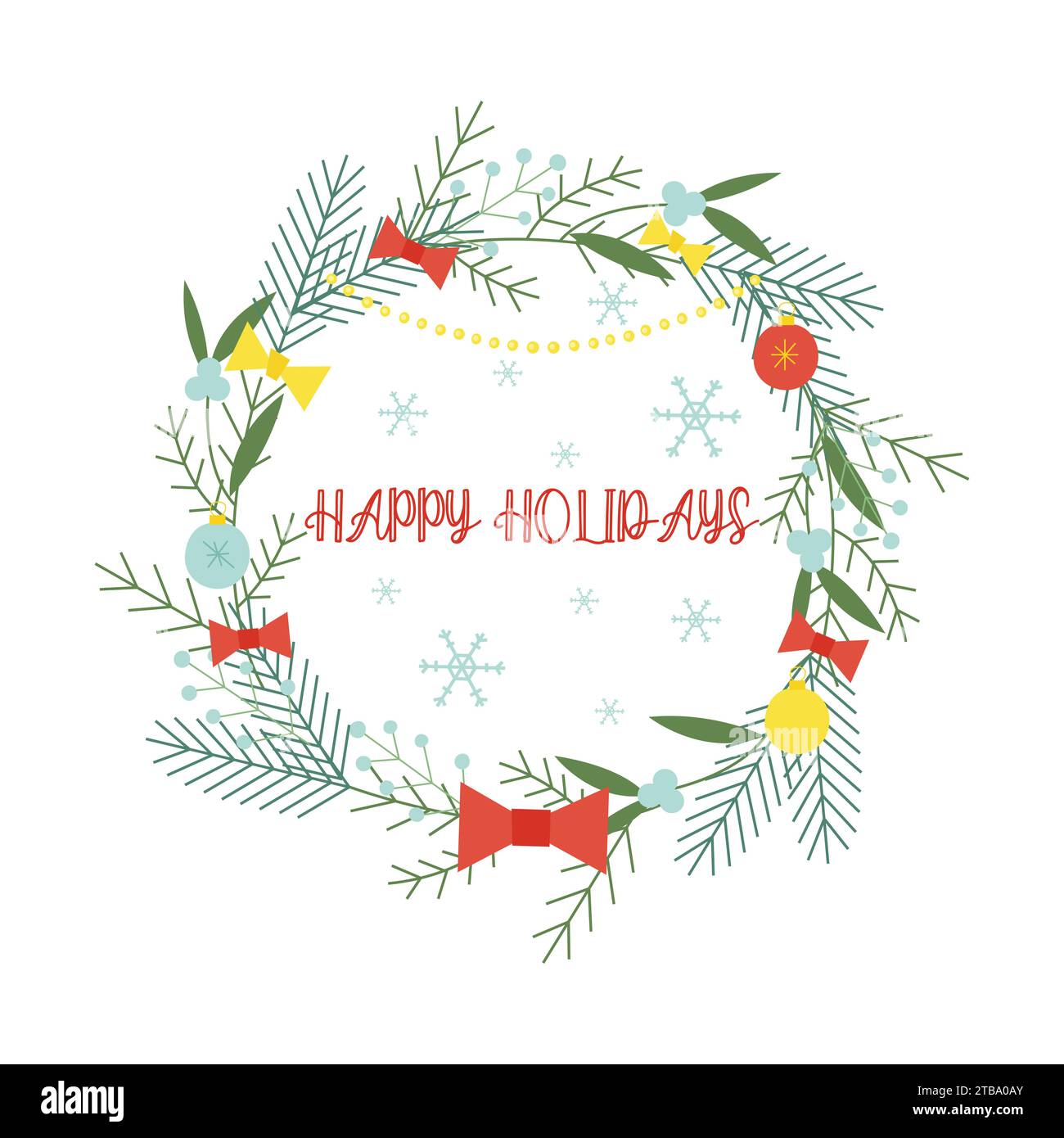 Weihnachtskranz mit Tannenzweigen, weihnachtskugeln und Omela. Flache Vektorillustration für Druck-, Design- und Grußkarten Stock Vektor
