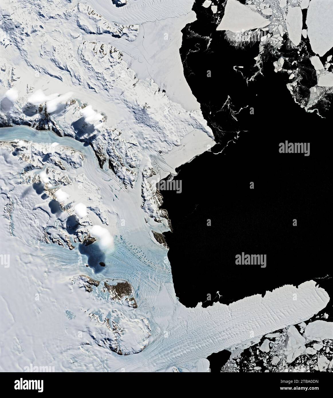 Satellitenansicht der Eisenhower Range der antarktischen Transantarktis. Stockfoto