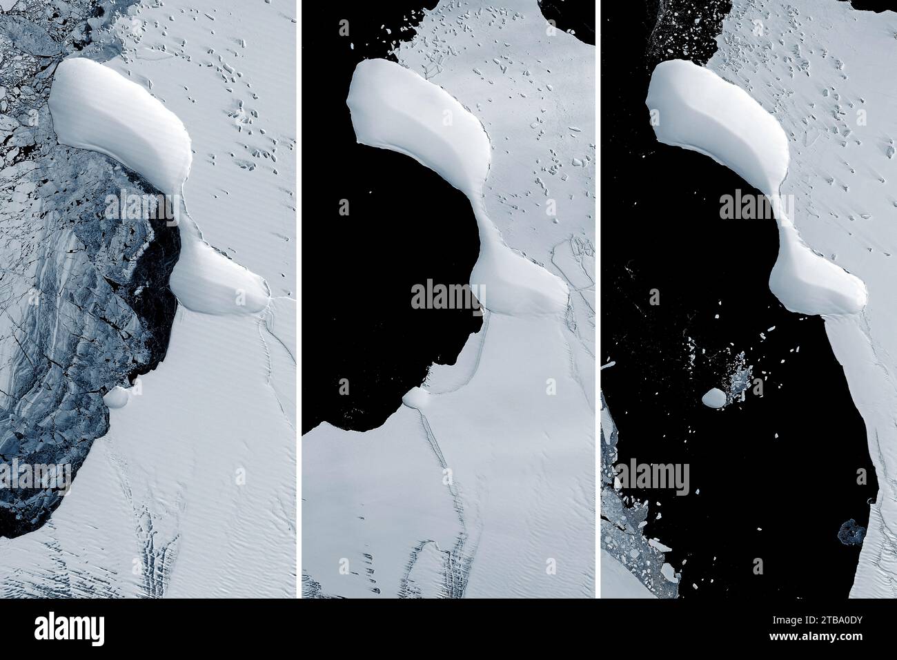 Vor der Ostküste der Antarktis ist eine unbenannte Insel freigelegt, während Eisschelfe um sie schmelzen. Stockfoto