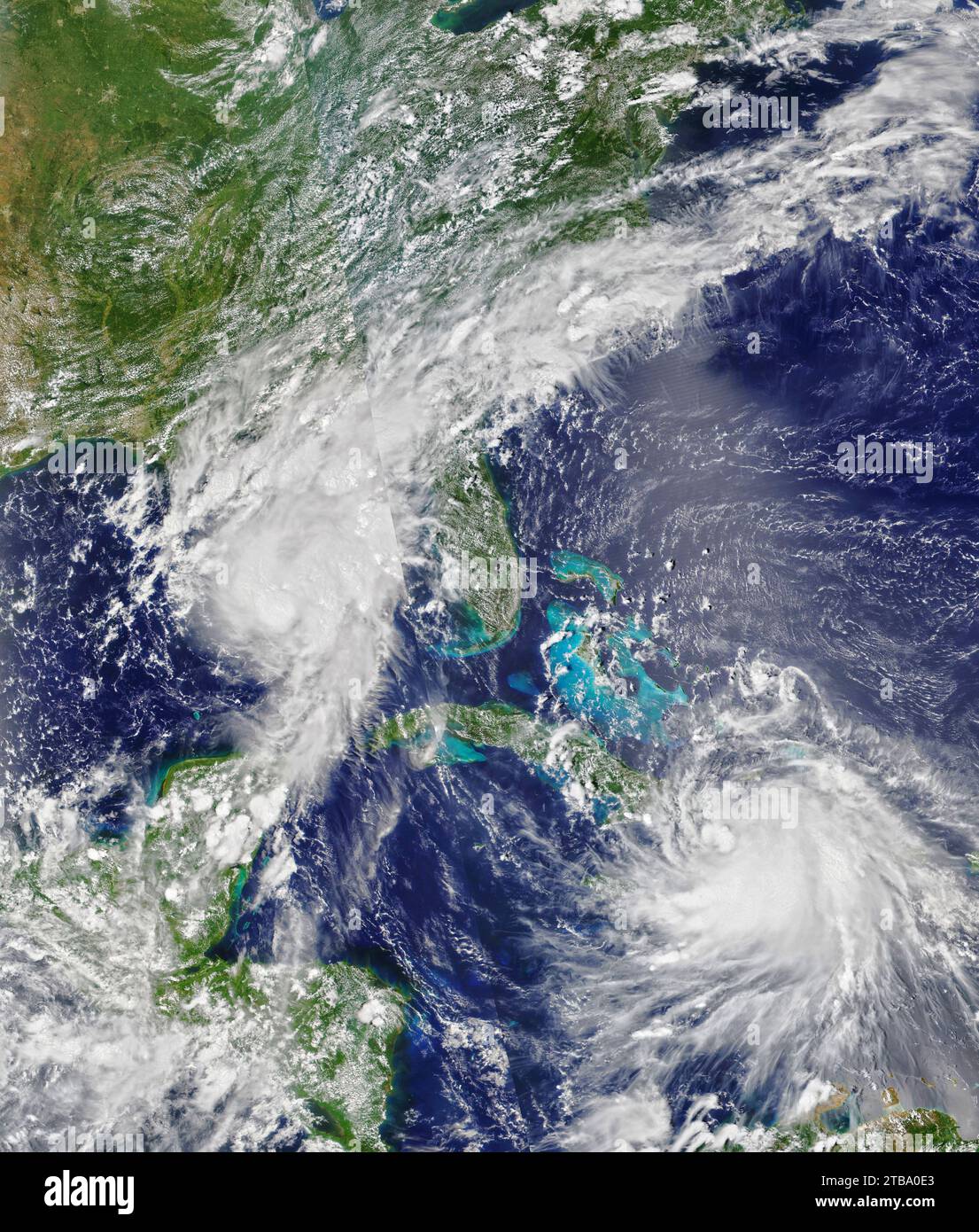Tropischer Sturm Marco im Golf von Mexiko und tropischer Sturm Laura bei Kuba in der Karibik. Stockfoto