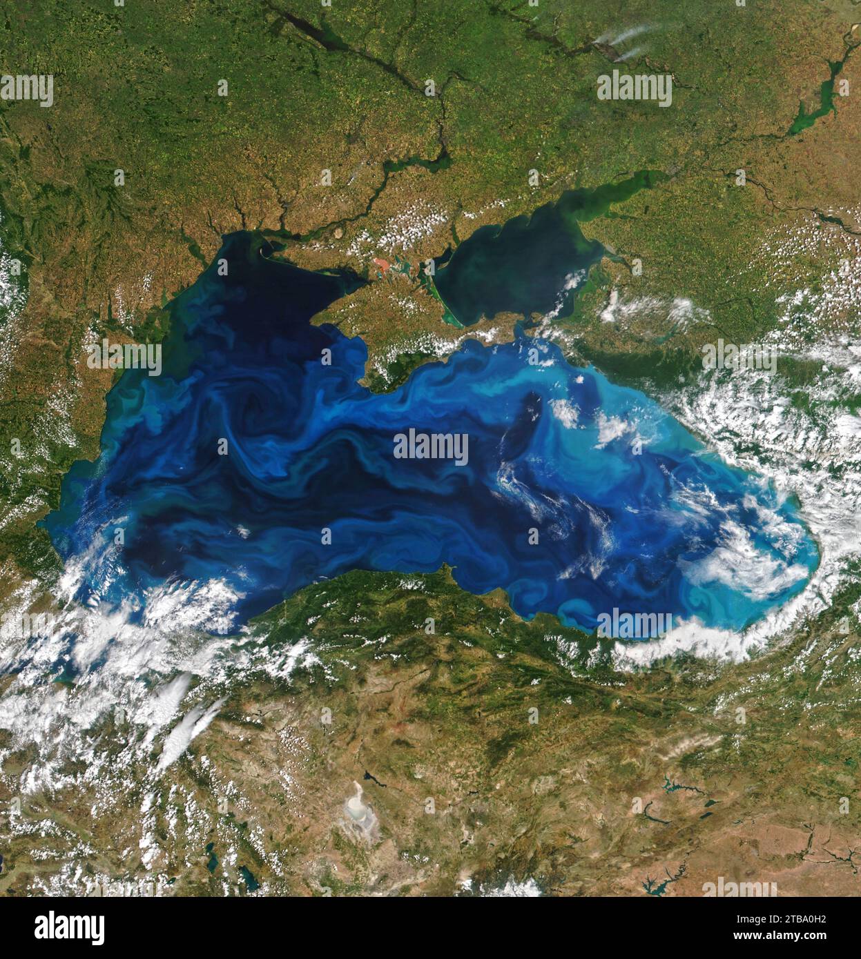 Satellitenansicht der Phytoplanktonblüte im Schwarzen Meer in natürlicher Farbe. Stockfoto