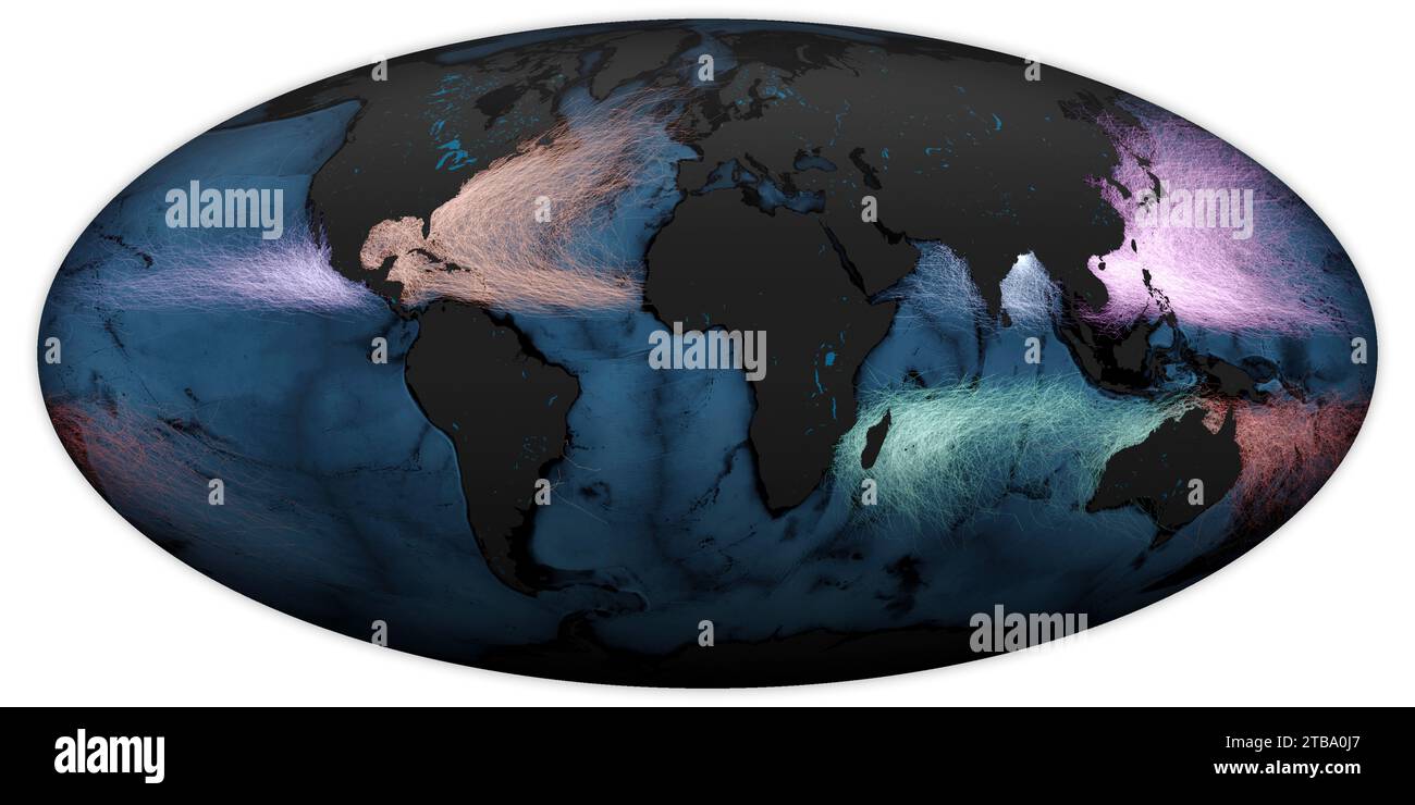 Die historischen Spuren der Sturmaktivität in den großen Ozeanbecken der Welt zwischen 1842 und 2017. Stockfoto