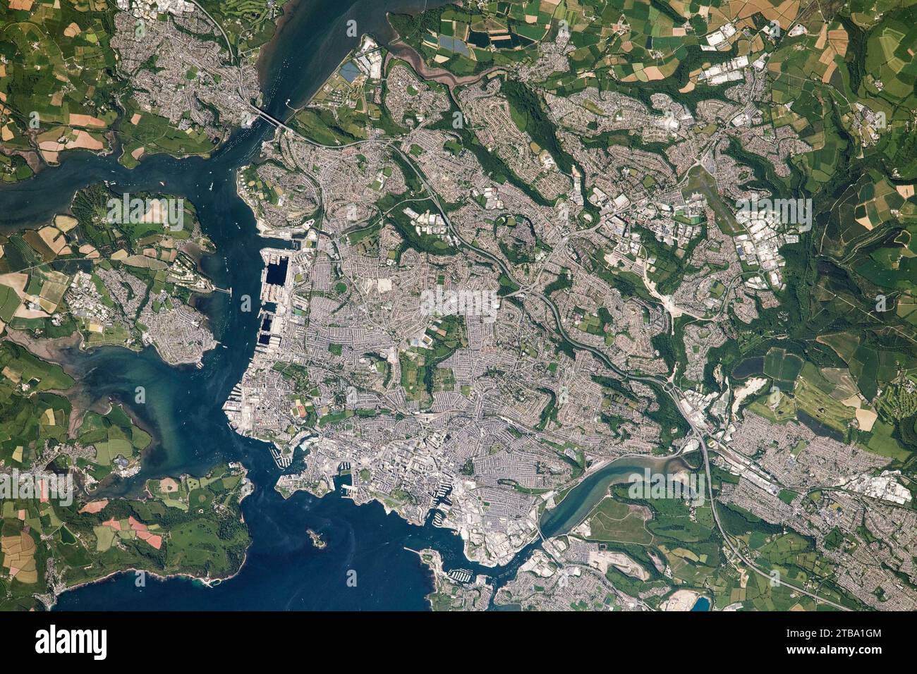 Blick aus dem Weltraum von Plymouth, England. Stockfoto