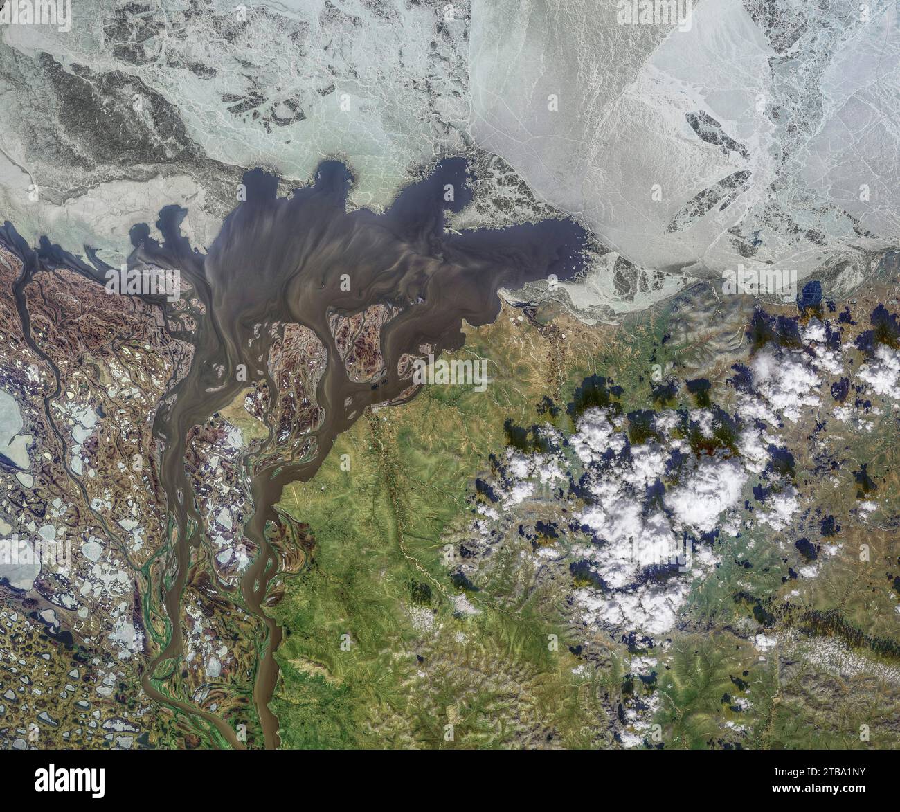 Satellitenansicht eines blackwater-Flusses aus dem Kolyma River, der Sedimente in den Arktischen Ozean transportiert. Stockfoto