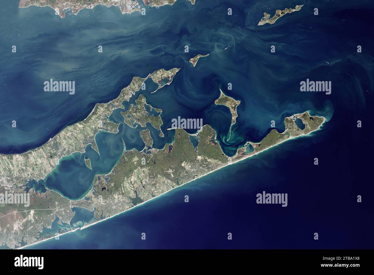 Satellitenansicht des East End von Long Island, 2016. Stockfoto