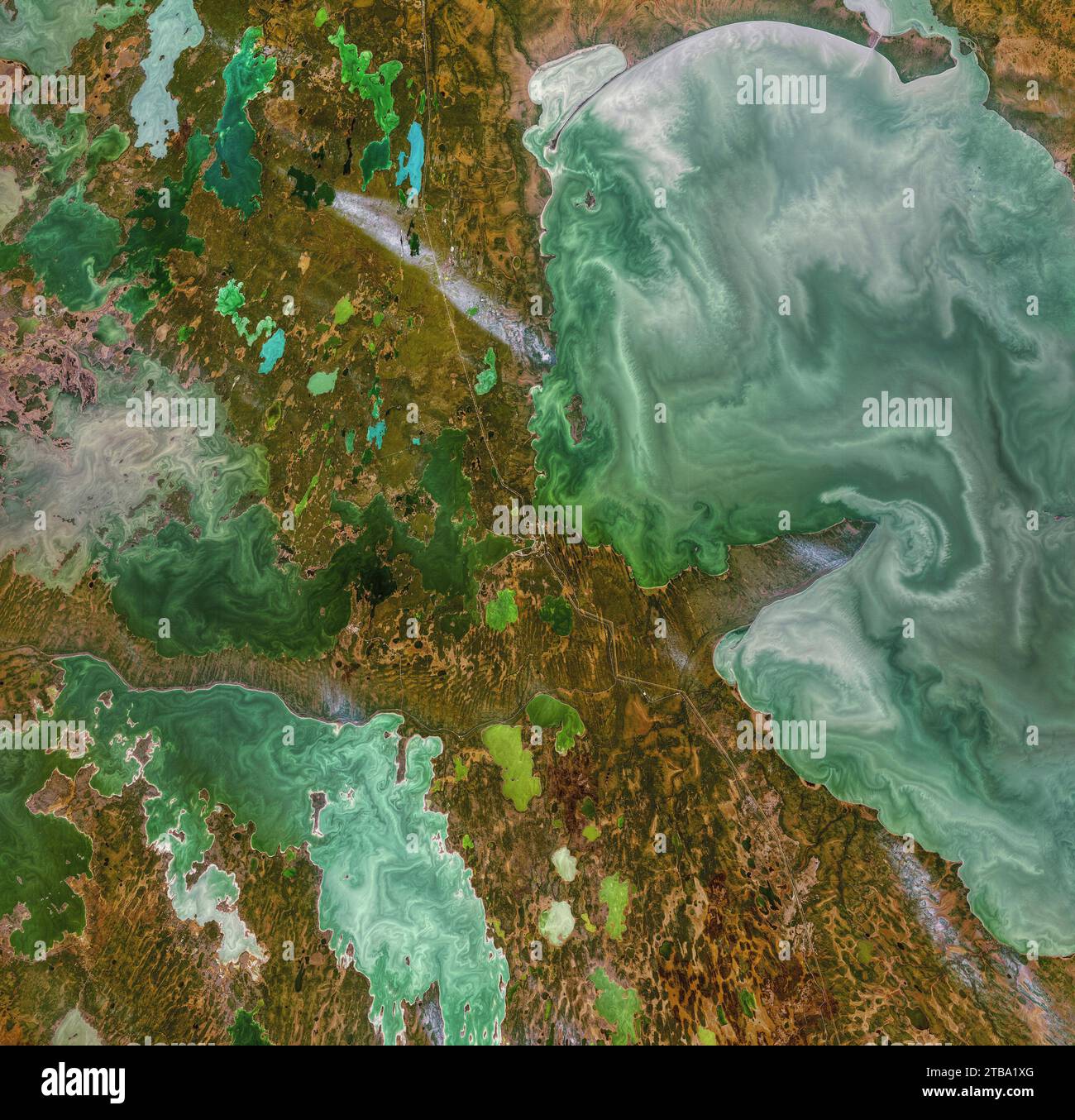 Satellitenbild mit zwei der drei Großen Seen Manitobas und dem Cedar Lake. Stockfoto