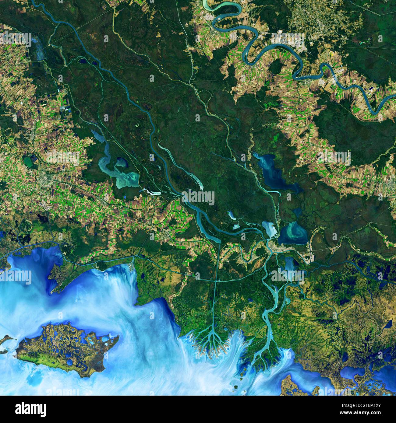 Falschfarben-Satellitenbild, das das Gebiet entlang des Atchafalaya-Deltas in Louisiana zeigt. Stockfoto