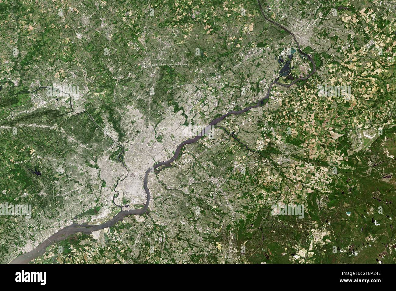 Satellitenblick in natürlichen Farben auf Philadelphia, Pennsylvania und die Umgebung. Stockfoto