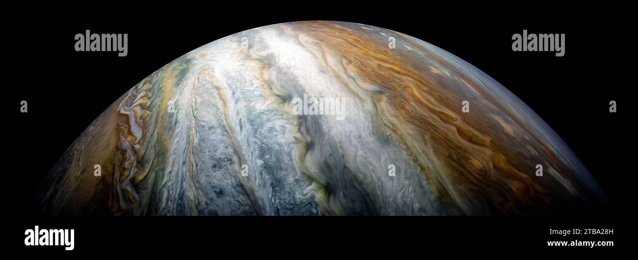 Bunte, wirbelnde Wolkengürtel dominieren die südliche Hemisphäre des Jupiters Stockfoto