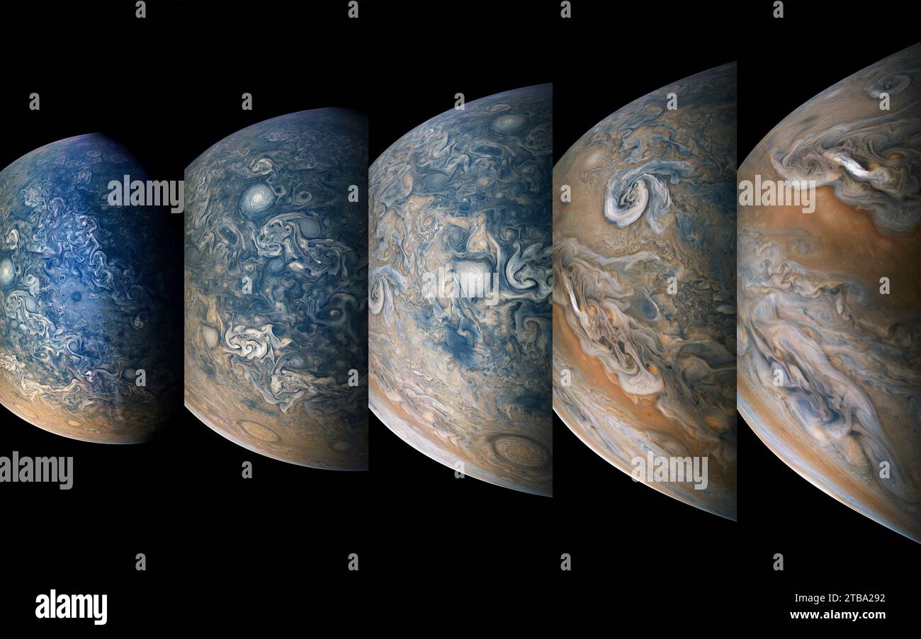 Eindrucksvolle atmosphärische Merkmale in der nördlichen Hemisphäre des Jupiters, die von der Juno-Raumsonde erfasst wurden. Stockfoto