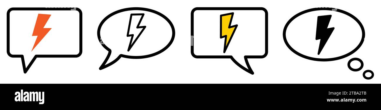 Flash-Symbol in Sprechblase, andere Version. Fragen, reden oder denken Sie über Elektrizität nach Stock Vektor